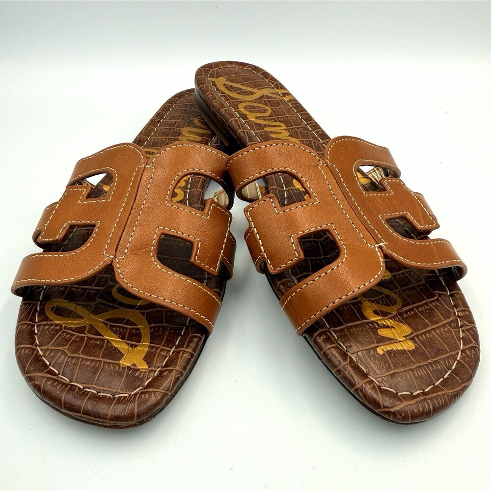 Sam Edelman Bay Women Leather Slide Sandals 9 Brown Crocodile Print Slip On Flat